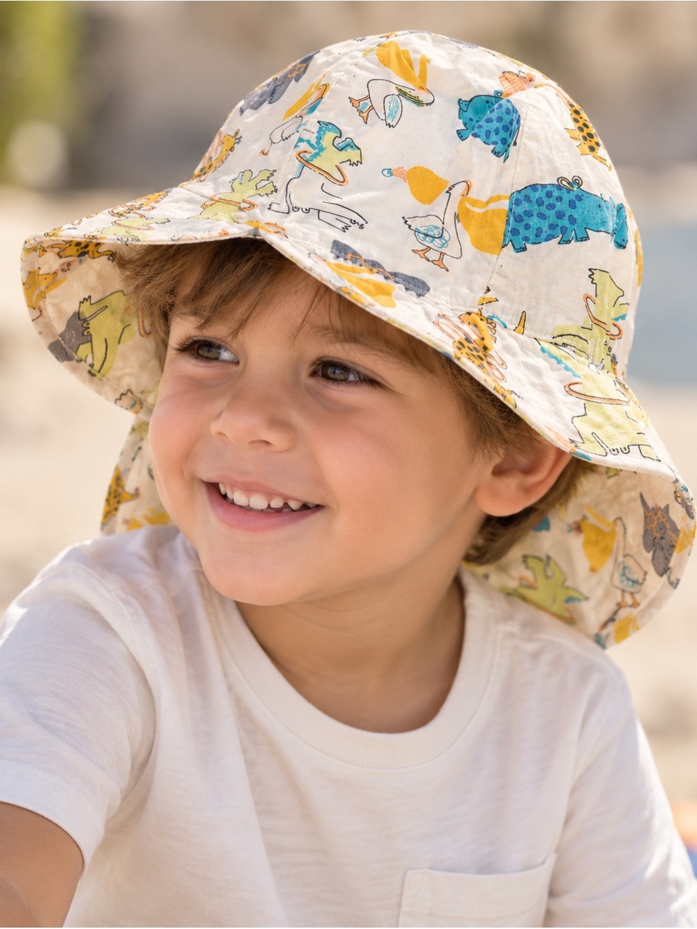 Zara Kids Animal Sun Hat - White with Yellow, Blue, Green & Gray